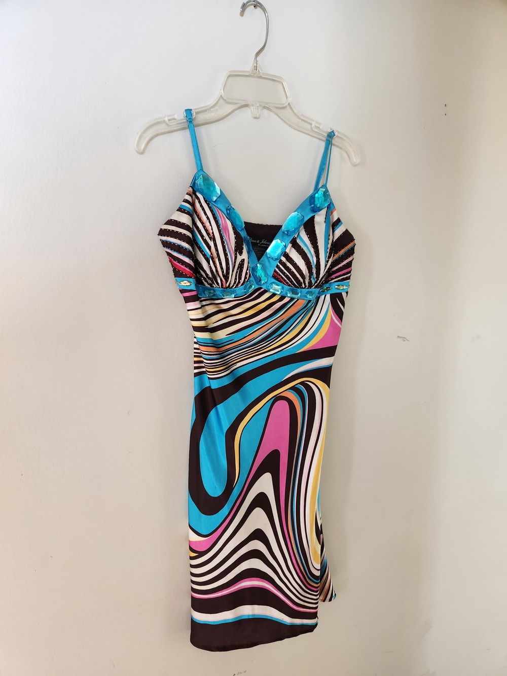 Dave & Johnny Turquoise-Trim Multicolor Swirl Mini Dress S Small